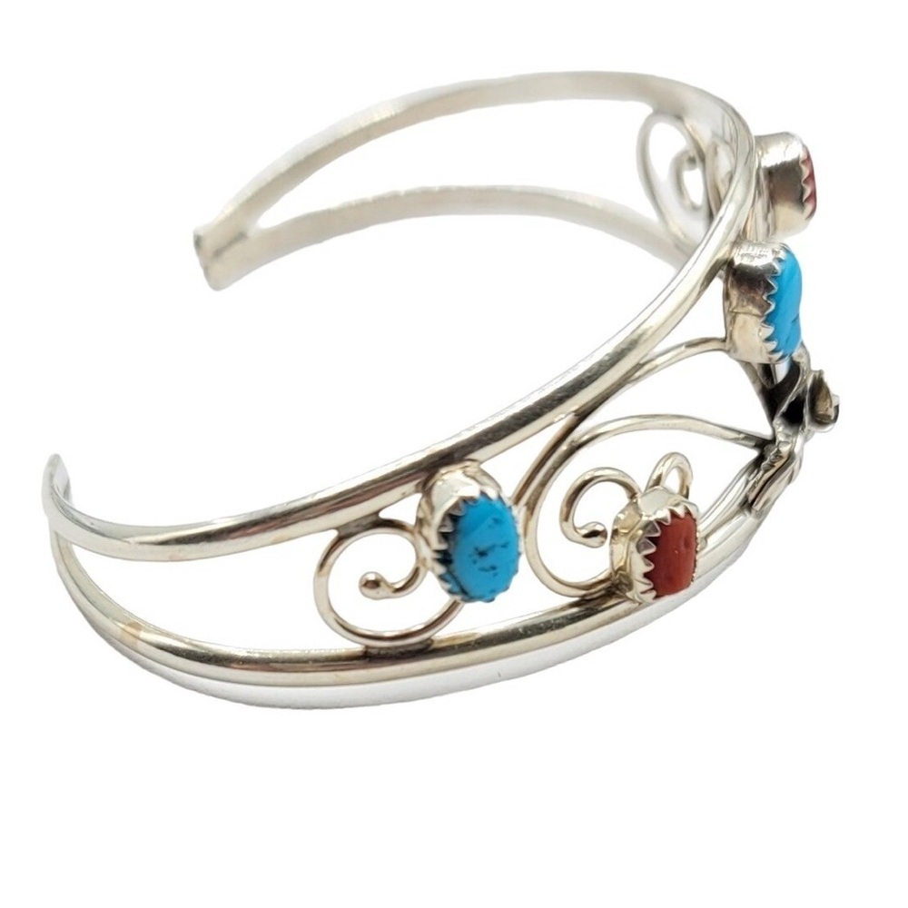 Sterling Silver Navajo Native American Turquoise & Coral Cab Scroll Cuff - Picture 4 of 7